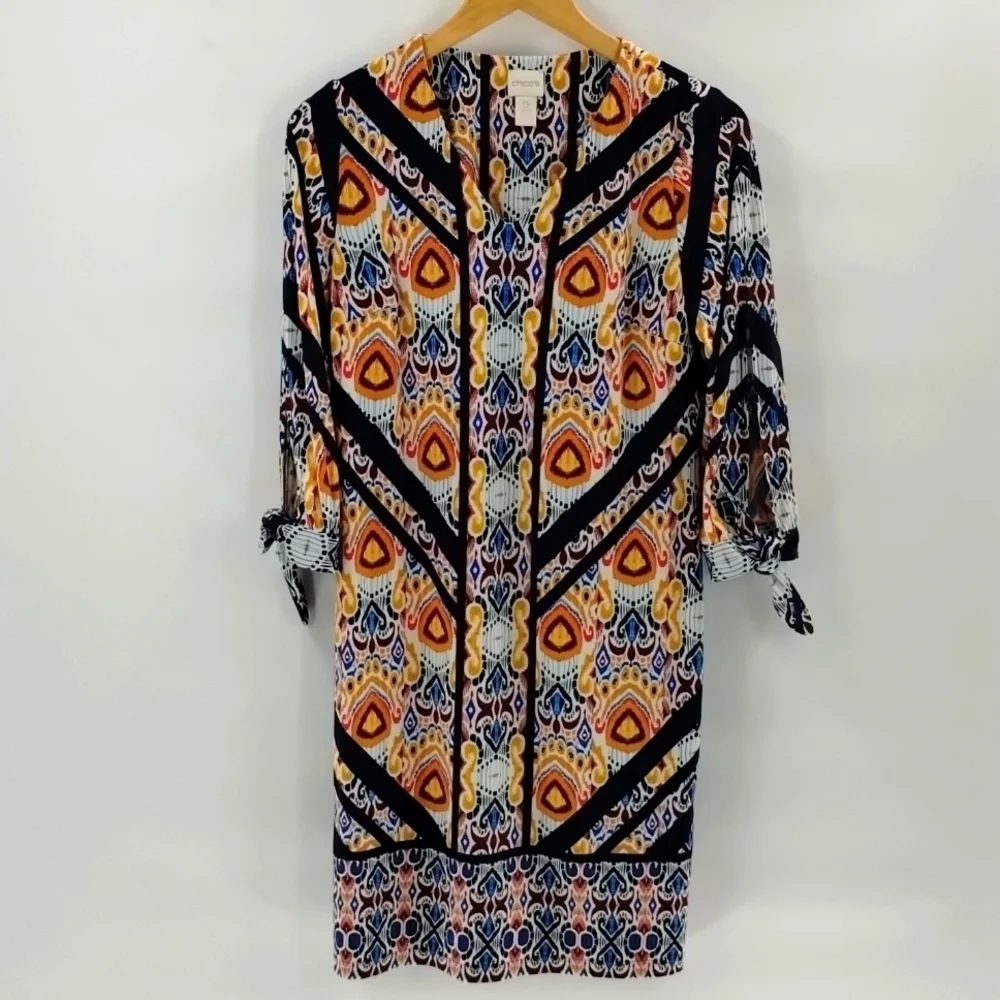 Chico's Ikat Shift Dress 0 S Tie Sleeve V-Neck Multicolor Blue Orange Womens